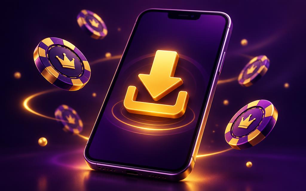 Phone with a glowing golden download icon and floating purple and gold chips