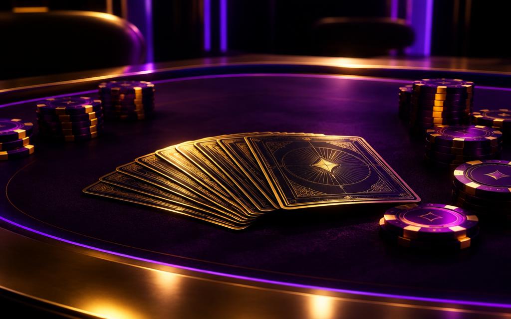 Dark purple card table with a golden fan of cards and stacks of gaming chips