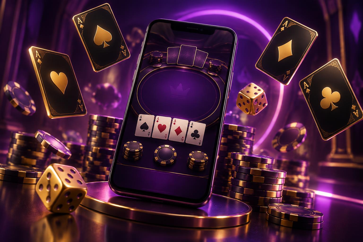 Golden playing cards, dice and gaming chips around a phone showing a card table